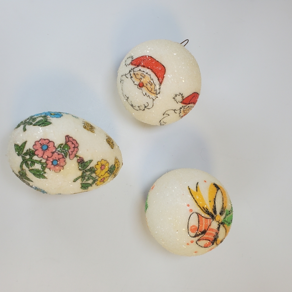 Lot Set 3 VTG Christmas Tree Ornaments Sugar Coated Santa Bells Flower Butterfly